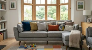 A stylish grey corner sofa designed with easy-clean technology for busy UK families.