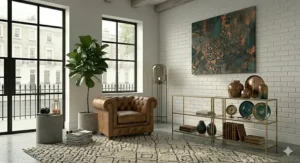 A compact two-seater tan leather Chesterfield sofa designed for smaller terraced house living rooms.