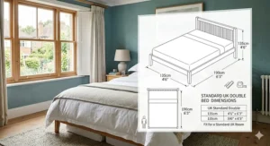A clear diagram showing standard UK double bed measurements (135cm x 190cm) relative to a bedroom floor plan.
