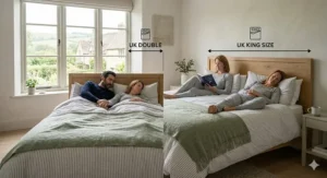 Comparison chart showing UK king size vs double bed dimensions and the benefits of extra space for back pain sufferers.