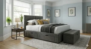 Classic upholstered king size divan bed featuring four large side-access storage drawers in charcoal fabric.
