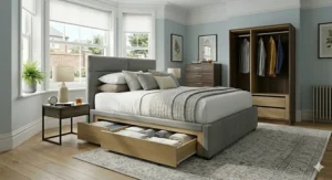 Close-up of navy blue velvet fabric on a king size bed frame with a subtle view of the storage drawer handle.