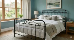 An elegant black metal double bed frame in a Victorian-style bedroom setting with white linens.