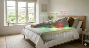 Diagram showing a 7-zone support system in a king size bed providing firmer support for the lumbar region.