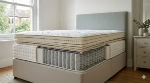 Photorealistic cross-section diagram of a 2000 pocket spring mattress revealing internal comfort layers and individual fabric pockets.