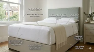 A fully made divan bed in a bright bedroom, labelled with indicators for a 2000 pocket spring mattress core and reinforced edge-to-edge support.