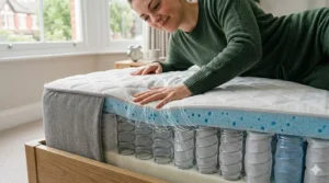 Alt text for image 5: A person sleeping on their back on an orthopaedic mattress, showing even weight distribution and lumbar support.