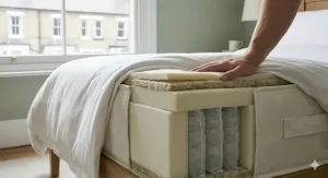 A man’s hand pressing down on the exposed upper foam layer of a pocket-sprung orthopaedic mattress to demonstrate firmness and support.