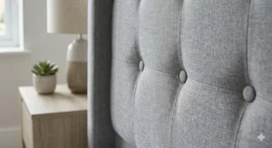 Padded buttoned wing headboard on a budget-friendly grey ottoman bed.