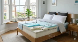 Cross section diagram showing the cooling gel infused memory foam and breathable layers of a mattress