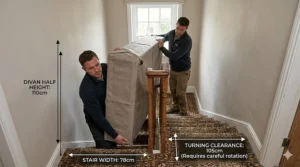 Illustration of a divan base split into two halves for easy delivery through narrow UK hallways and staircases.