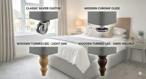 Comparison of different divan base feet including classic silver castors, modern chrome glides, and wooden turned legs.