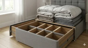 A UK size guide illustration for a divan bed with storage, ranging from single to super king.