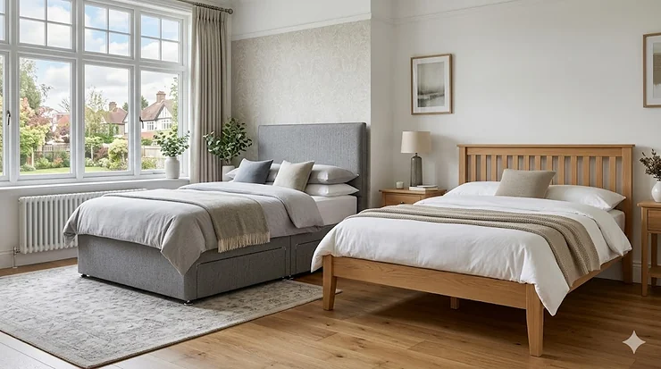 A side-by-side comparison of a grey upholstered divan bed with storage drawers and a wooden slatted bed frame in a modern UK bedroom. divan bed vs bed frame