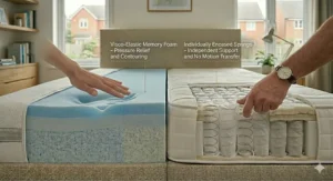 Illustration of a pocket sprung mattress featuring sustainable UK-sourced fillings like wool and cotton compared to synthetic foam.