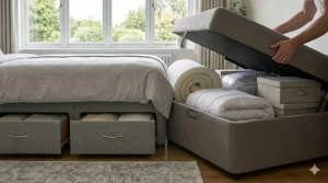 An end-opening ottoman divan bed lifted to reveal full-length internal storage for spare duvets and pillows.