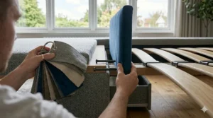 A visual guide on how a floor-standing upholstered headboard attaches to a standard UK divan base using bolts.