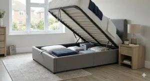 A front-opening ottoman bed base lifted to reveal hidden under-bed storage for spare bedding.