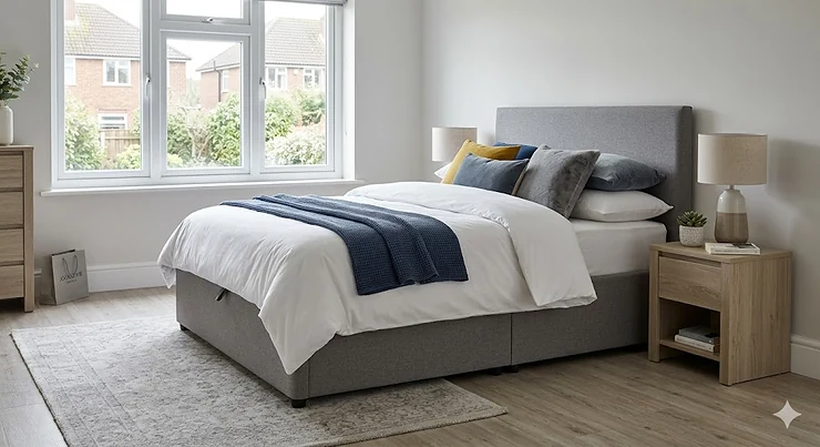 Side view of a modern grey fabric upholstered ottoman storage bed priced under £500 in a styled UK master bedroom. ottoman storage bed under £500