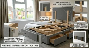 Technical drawing showing the location of wooden struts and bolts for attaching a headboard to a standard UK divan base.
