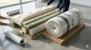 Graphic contrasting a rolled hybrid mattress delivered in a box next to a flat, traditional pocket sprung mattress being delivered.