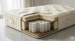 Cross-section diagram of a hybrid mattress highlighting the top memory foam comfort layers combined with a pocket spring base.