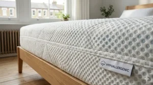 Macro shot of the soft, hypoallergenic knitted cover of an affordable memory foam mattress.