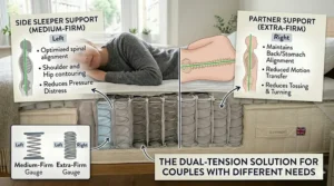 An illustration of a UK king-size pocket sprung mattress with dual tension layers, tailored for couples with different side sleeping preferences.