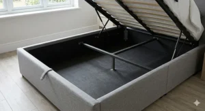 Empty deep internal storage compartment of a king-size ottoman bed showing maximum floor space.