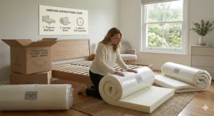 Alt text for image 9: A rolled memory foam mattress being unboxed in a UK home, illustrating the convenience of "mattress in a box" delivery.