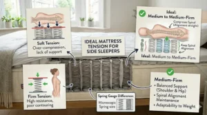 A firmness scale illustration highlighting medium to medium-firm tension as the ideal choice for side sleepers using a pocket sprung mattress.