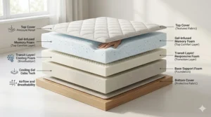 Internal view of a memory foam mattress under £300 showing the cooling gel and support foam layers.