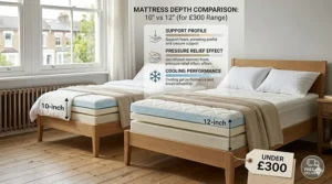 Size guide comparing different depths of memory foam mattresses available for under 300 pounds in the UK.