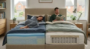 Illustration showing a person moving on one side of a memory foam mattress while the other side remains still, demonstrating superior motion isolation.