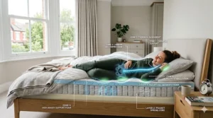 Alt text for image 3: A close-up of a hand pressing into a memory foam orthopaedic mattress, demonstrating pressure relief for lower back pain.