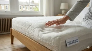 A hand pressing into a memory foam mattress to show the responsive, slow-rebound contouring effect.