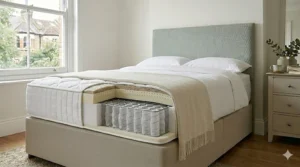 Close-up technical cutaway of a 2000 pocket sprung mattress showing the layering sequence of natural latex, wool, and cotton on a divan base.
