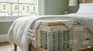 An annotated diagram of an orthopaedic mattress cross-section, detailing the breathable wool top layer, contouring memory foam zones, and a 1,500 pocket spring zoned support system.