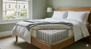 A detailed cross-section view of a pocket-sprung orthopaedic mattress on an oak bed frame in a sage green British bedroom.