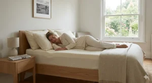 Alt text for image 3: Illustration of a person sleeping on their side showing how memory foam contours to the shoulders and hips for spinal alignment.