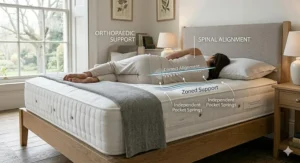 Anatomical illustration showing healthy spinal alignment for a side sleeper on an orthopaedic pocket sprung mattress.