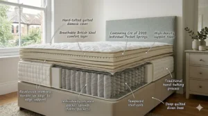 Explanatory diagram highlighting the precise internal components, reinforced border support, and the breathable British wool comfort layer of a premium mattress.