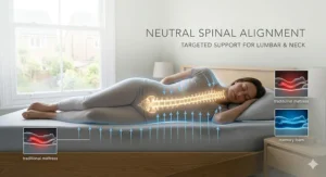 An orthopaedic diagram showing perfect, neutral spinal alignment achieved while side-sleeping on a contours-hugging memory foam mattress.