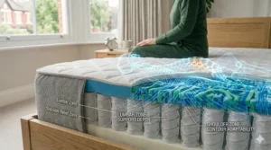 Alt text for image 8: A British woman sitting on the edge of her neatly made bed, drinking a cup of tea and stretching without lower back pain.