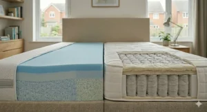 Illustration showing the reinforced edge of a pocket sprung mattress, preventing sagging when sitting on the side of the bed.