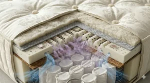 Diagram showing natural airflow and breathability through the open structure of a traditional pocket sprung mattress.