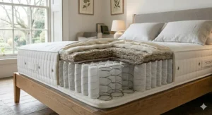 Cross section diagram of a pocket sprung mattress showing layers of natural British wool and breathable cotton fillings.