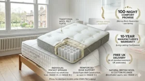 An annotated technical illustration detailing the high-tensile steel springs, natural wool comfort layer, and reinforced edge support.