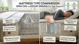 A comparison chart showing how independent pocket springs prevent motion transfer and conform to side sleepers better than traditional open coil mattresses.