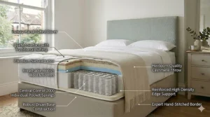 Detailed mattress specification graphic highlighting premium features including the central core of 2000 individual pocket springs and a luxury hand-tufted cover.